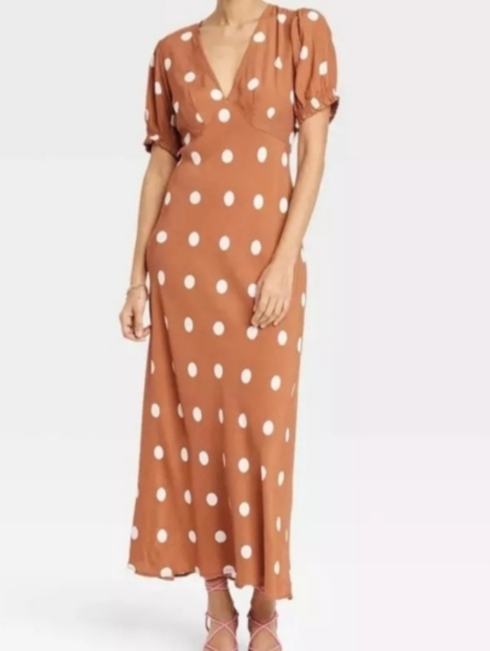 A NEW DAY XL Brown Polka Dot Maxi Dress Wedding Guest Party Office